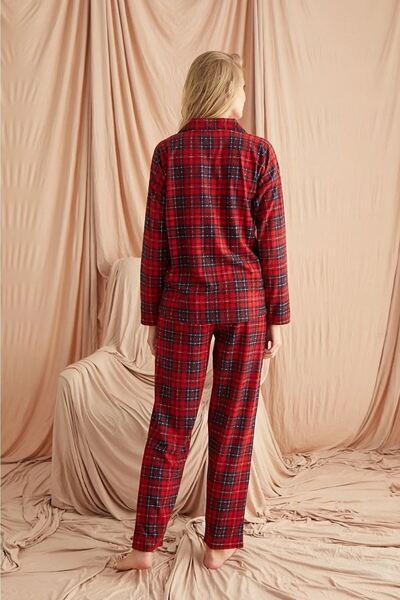 Genel Markalar Ekose Süet Düğmeli Bebe Yaka Uzun Kol Uzun Alt Pijama Takım