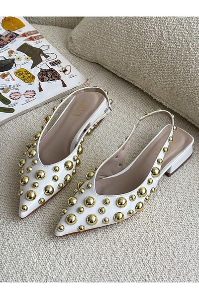 ERVANIN BUTİĞİ Gold Drop Patent Leather White Women's Ballerinas