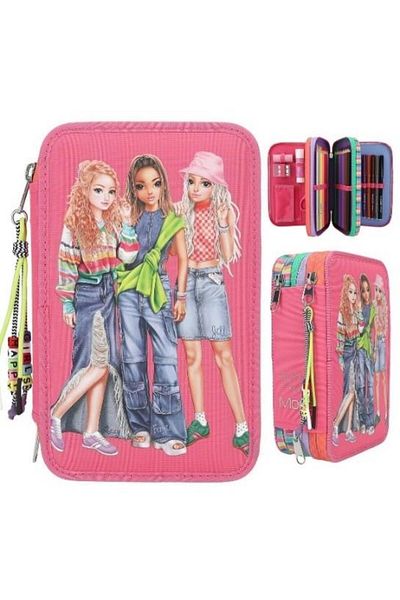 Top Model Joy Happy Girls 3 Compartment Trousse - Filled Inner Pencil Case