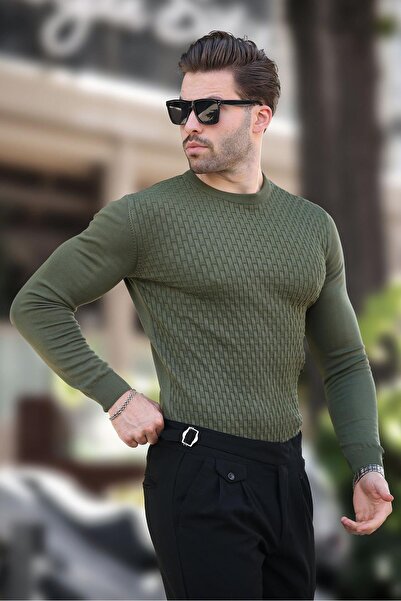 Madmext Haki Desenli Erkek Triko Kazak 7266