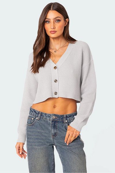 Madmext Long Sleeve Gray Crop Cardigan - Buttoned, Mg2198