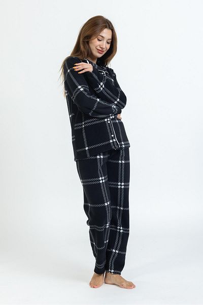 Pemilo Women's Button-Front Shirt Collar Fleece Pajama Set GRAY-BLACK