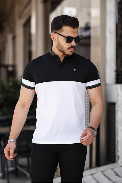 Miron Μπλουζάκι Polo Neck με κοντό μανίκι - Ασπρόμαυρο με Kagi Ston Piece - 2402