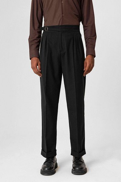 Antioch Black Buckle Detailed Pleated High Waist Men's Trousers