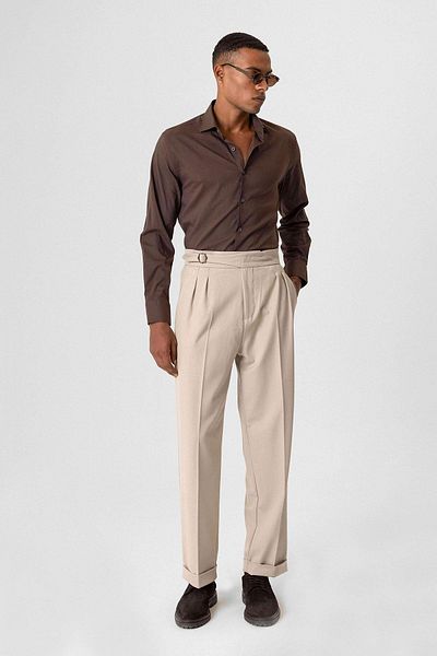 Antioch Beige Buckle Detailed Pleated High Waist Men's Trousers