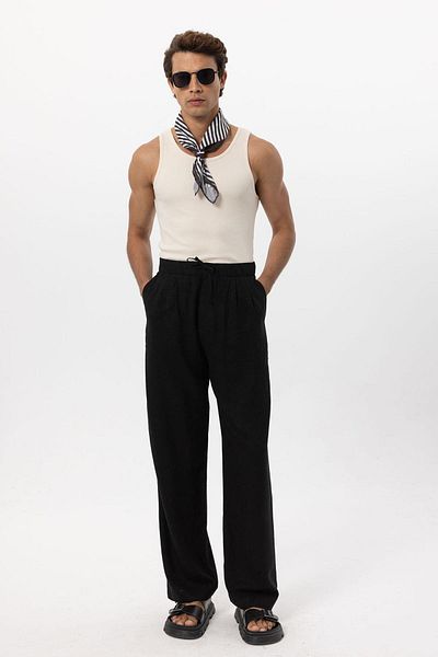Antioch Black Waist Tied Linen Blended Baggy Men's Trousers