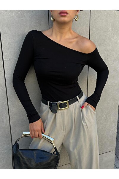 minaaise Body de damă din bumbac negru cu gât barcă