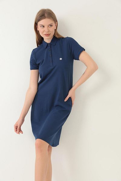 Miron Rochie tricotată cu guler polo indigo pentru femei - cu mâneci scurte - 2431