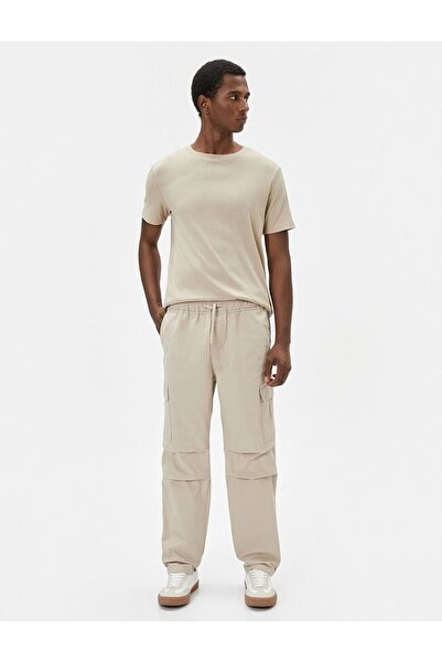 Koton Pantaloni parașute bej - dantelă în talie și buzunar cargo 4SAM40007HW