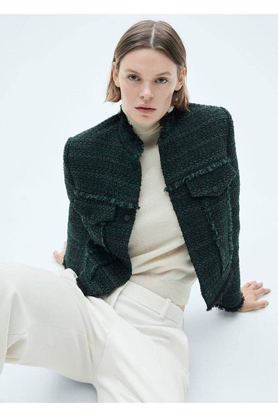 MANGO Woman Jachetă din tweed cu guler înalt