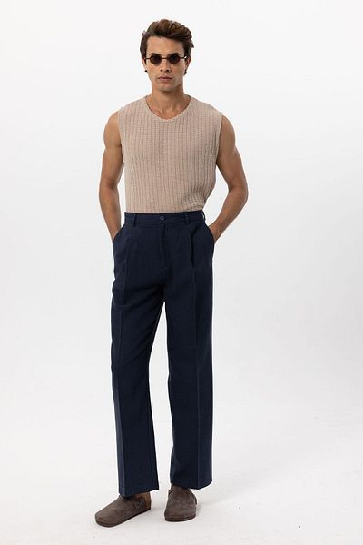 Antioch Navy Blue Linen Blended Baggy Men's Trousers