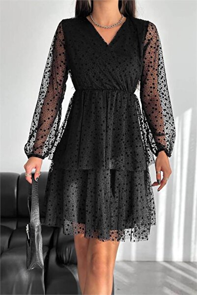 sharin Rochie neagră mini pentru femei, cu guler dublu, căptușită cu tul 11D-...