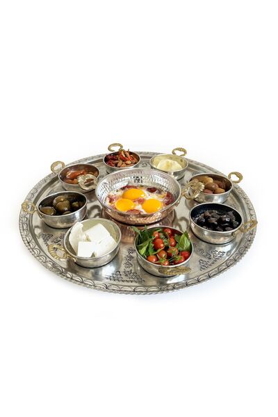 Shark Anatolia Breakfast Presentation Set with Tray, Copper Sahan 16 cm Thick Base 8 Pieces Copper Bowl with Handles