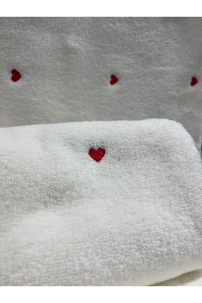 TİCARETSEPETİM Lubow Love White Red Embroidered 70x140 Set of 6 Towels
