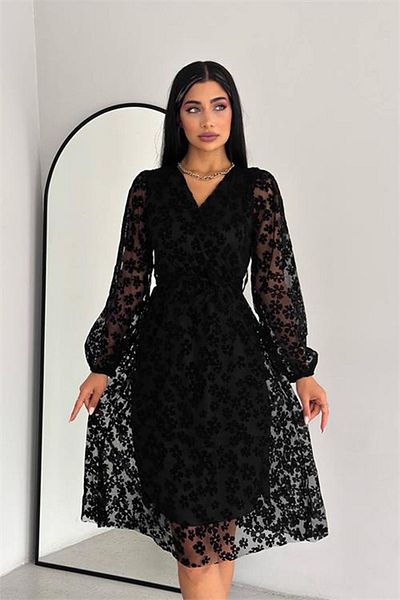sharin Rochie midi neagră pentru femei - cu guler dublu și căptușeală din dantelă 12E-2292