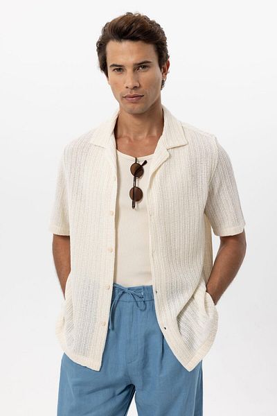 Antioch Ecru Textured Crochet Men's Shirt