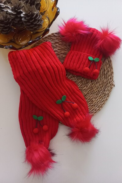 MARS BABY Girls Boys Unisex Baby Kids Red Pompom Cherry Figured Pompom Scarf Beanie Set