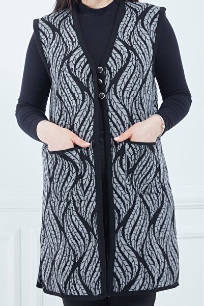 Elçelya Moda Women's Gray Leaf Patterned Long Winter Knitwear Mother Vest with Pockets