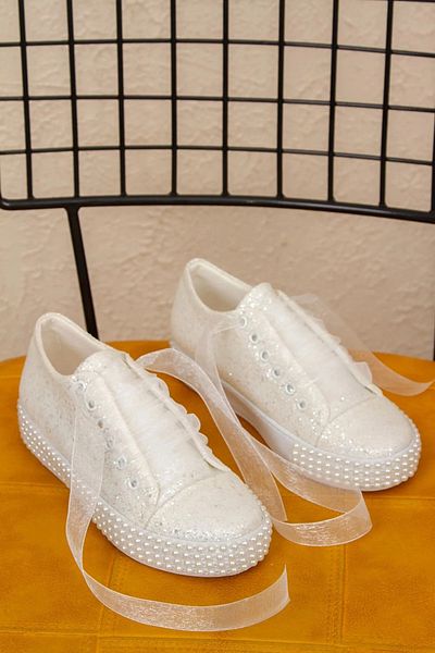 Miss Mitto Women's White Flat Heeled Flat Sole Pearl Stone Sports Evening Dress Wedding Dress Shoes