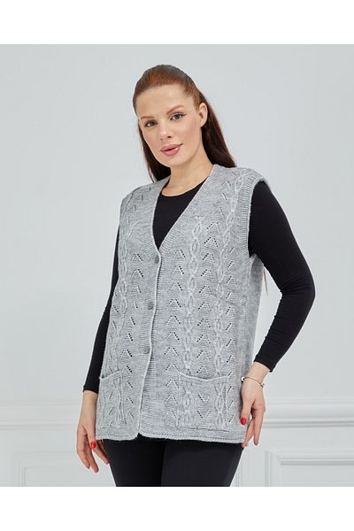Elçelya Moda Women's Gray V-Neck Chain Knitted Wool Mother Knitwear Vest with Pockets