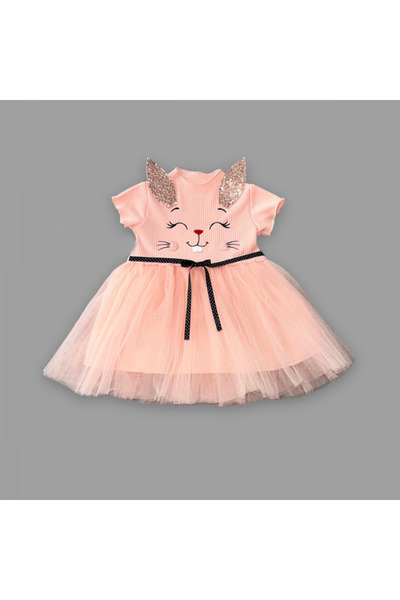 DENİZCİK 1-2-3 Yaş Payetli Kulak Tavşan Baskılı Kız Bebek Elbisesi