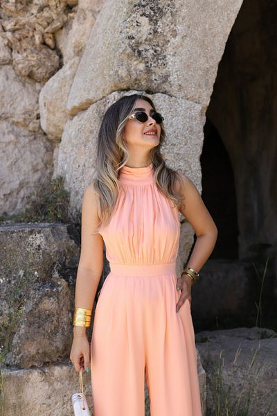 bytugcekaya Satin Halter Collar Sleeveless Peach Jumpsuit