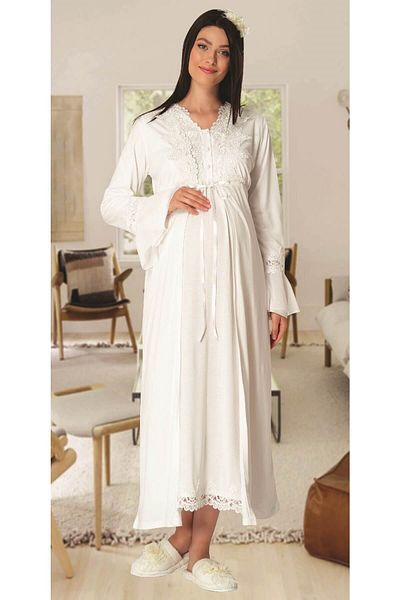 Mecit Pijama Carpediem L.rطقم ثوب نوم للحوامل Ecru 1518 مع ثوب صباحي