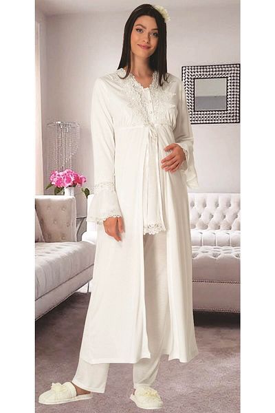 Mecit Pijama Carpediem L.r1517 Set pijama de maternitate cu halat - Ecru