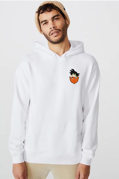 Tshirthane Dragon Ball Z Anime Son Goku Pocket Λευκό ανδρικό φούτερ με κουκούλα 3 κορδονιών