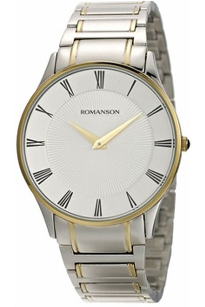 Romanson Tm0389mm1ca15g الصلب الحبل الأرقام الرومانية الفضة الذهب اللون الكلاسيكية ساعة اليد الرجالية
