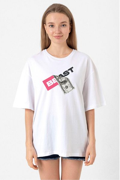 Tshirthane Mr Beast Dollar Bill White Women's Oversize T-Shirt
