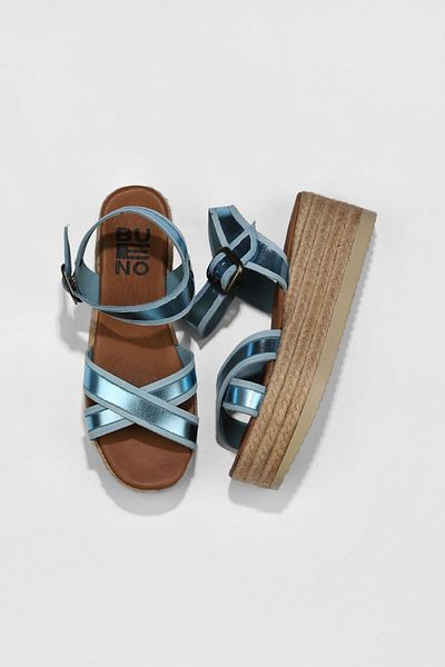 Bueno Shoes Espadrile de damă din piele albastră strălucitoare - Sandale cu toc cu pană 01wu6116