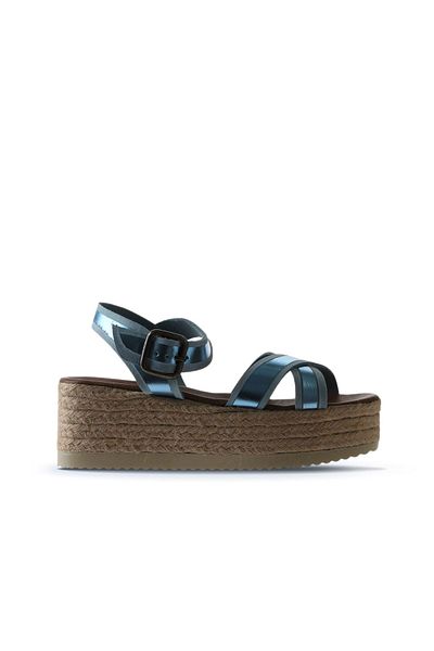 Bueno Shoes Espadrile de damă din piele albastră strălucitoare - Sandale cu toc cu pană 01wu6116
