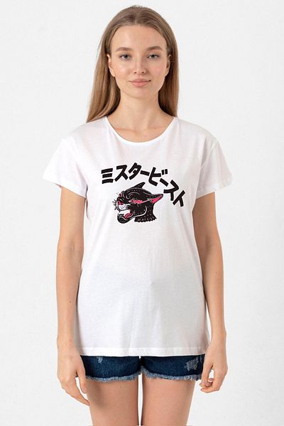 Tshirthane Mr Beast Kanji White Women's Bicycle Collar T-shirt