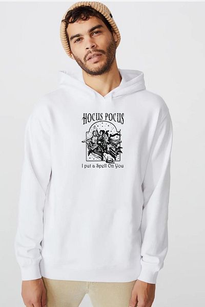 Tshirthane Hocus Pocus I Put A Spell On You Λευκό ανδρικό φούτερ με κουκούλα 3 κορδονιών