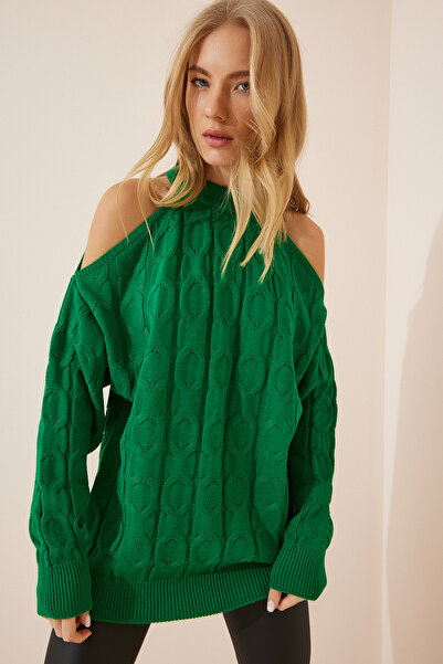 Lovelyİstanbul Pulover de tricotaj supradimensionat VERDE - lung, fără umeri,...