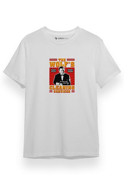 Tshirthane Pulp Fiction The Wolf's Cleaning Services Λευκό κοντομάνικο ανδρικό μπλουζάκι
