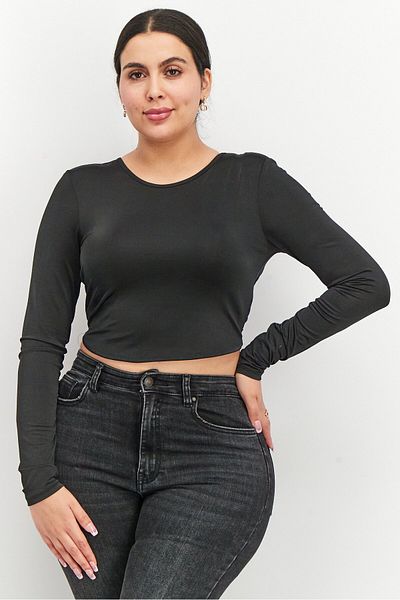 NA-KD Women Crew Neck Long Sleeve Solid Tops, Black