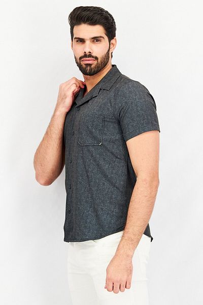 Kenneth Cole Men Regular Fit Chest Pocket Short Sleeve Casual Shirts, Charcoal Grey