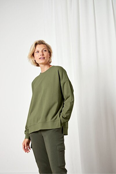 Tchibo Women Crew Neck Solid Long Sleeve Sweatshirts, Olive