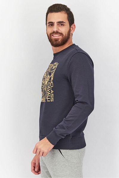 Cavalli Class Men Round Neck Graphic Print Sweatshirt, Navy Blue