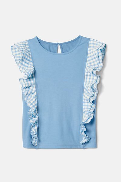 Tchibo Kids Girl Gingham Ruffle Detailed Tops, Light Blue