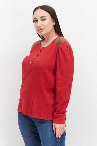 Tommy Hilfiger Women Crew Neck Long Sleeves Ribbed Top, Red