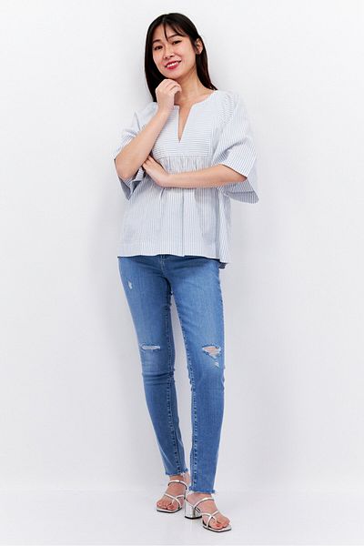 Esprit Women Split Neck Short Sleeve Striped Blouse, Blue