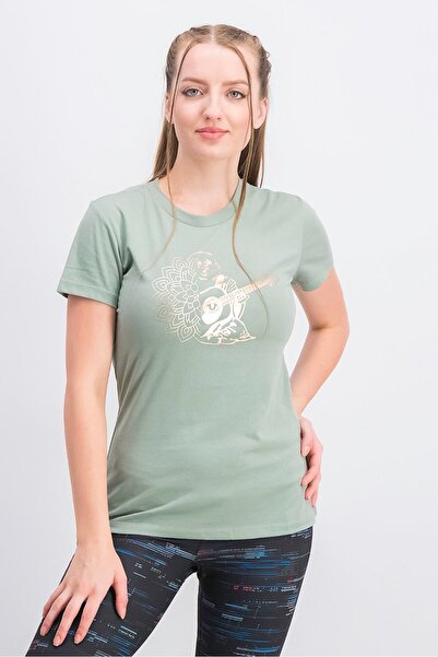 True Religion تي شيرت نسائي برسومات وأكمام قصيرة ورقبة دائرية، زيتوني