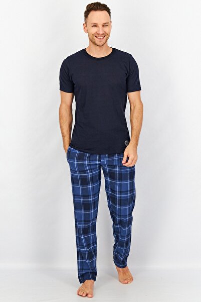 Vince Camuto Men 2 Pcs Set Solid Plaid Pajama, Navy