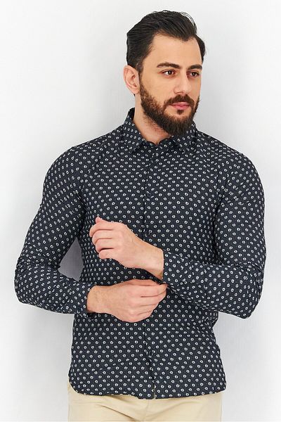 The Kooples قميص رجالي كاجوال بأكمام طويلة ونقشة زهور، مقاس عادي، مجموعة باللون الأسود