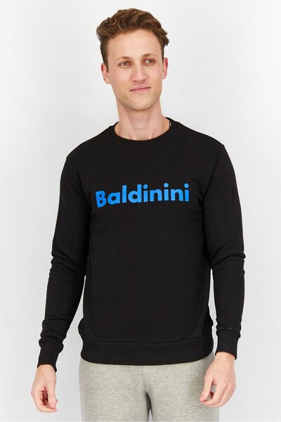 Baldinini Men Crew Neck Brand Logo Print Long Sleeves Sweatshirt, Black and Blue