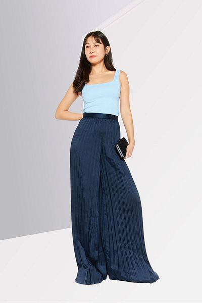 Michael Kors Women Regular Fit Pleated Palazzo Pants, Navy Blue