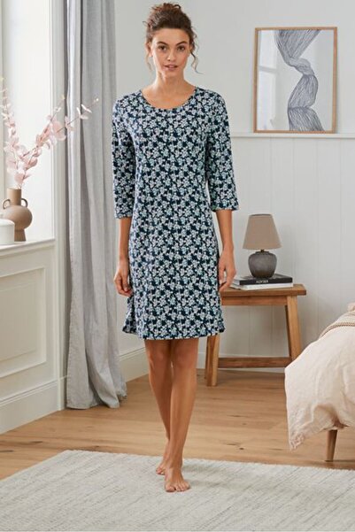 Tchibo Women Round Neck Short Sleeve Allover Printed Sleepwear Dress, Navy Combo